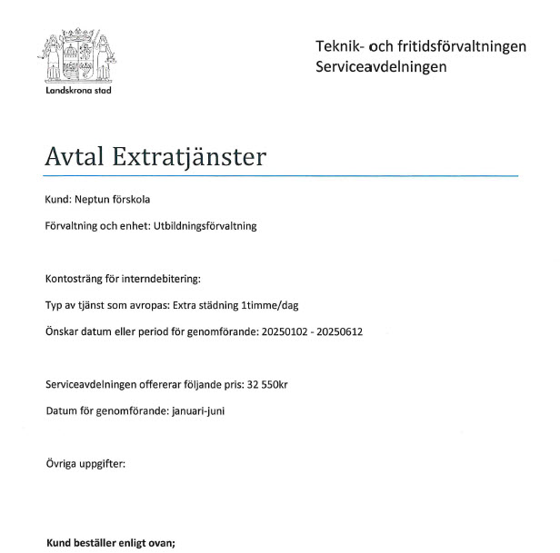 Ett exempel på hur ett städavtal kan se ut - saknas ansvarsområde, verksamhet, objekt...